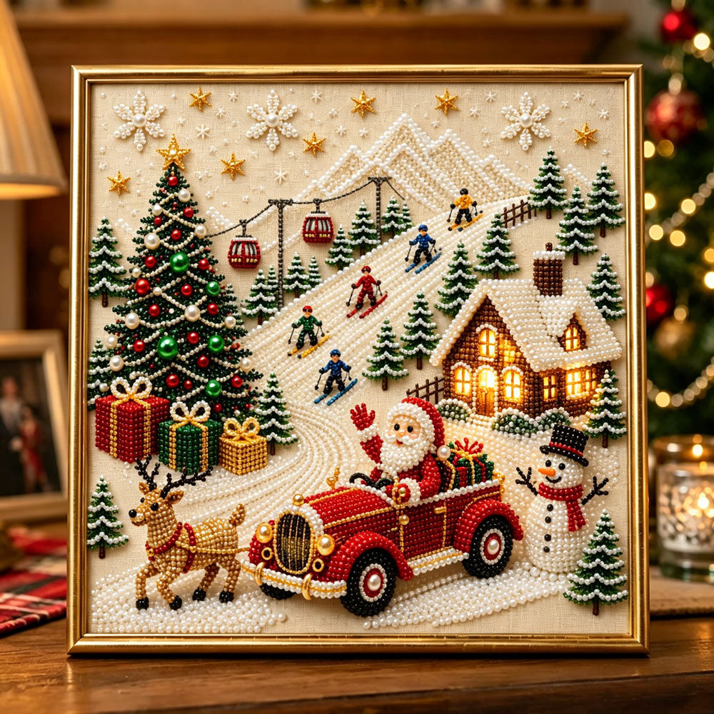 Santa ski holiday scene pearl diamond painting kit for beginners