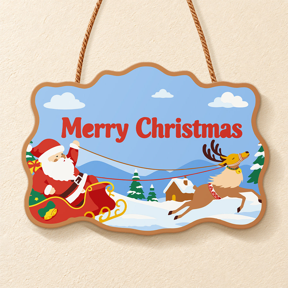 Santa sleigh and reindeer paint by numbers door hanger finished design