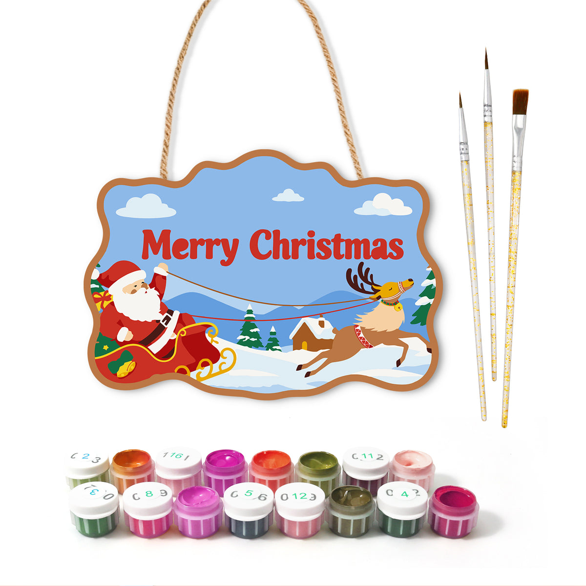 Santa sleigh and reindeer paint by numbers door hanger with paints and brushes