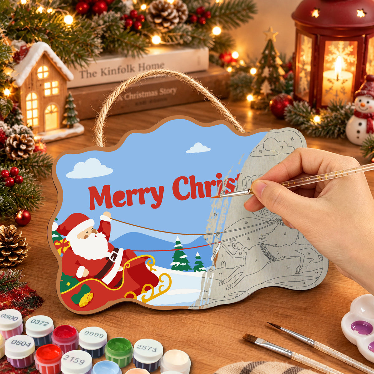 Santa sleigh and reindeer paint by numbers door hanger painting process