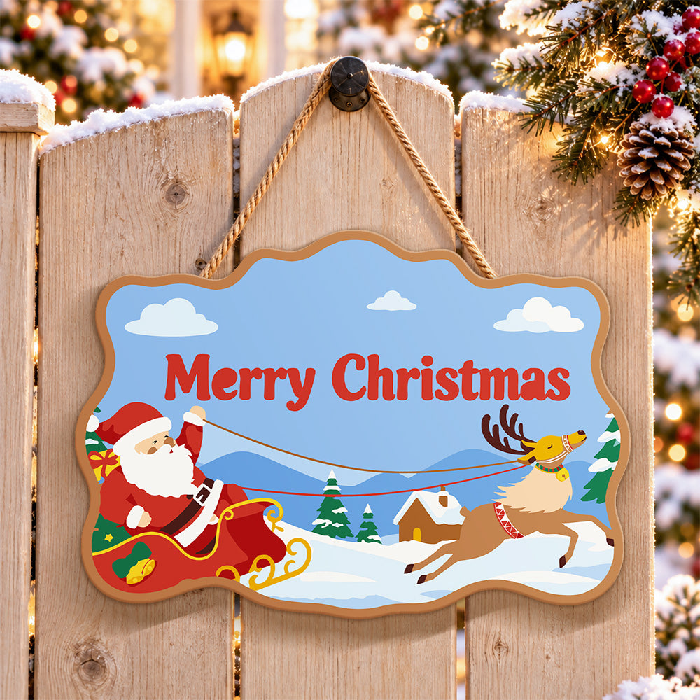 Santa sleigh and reindeer paint by numbers door hanger on a garden gate