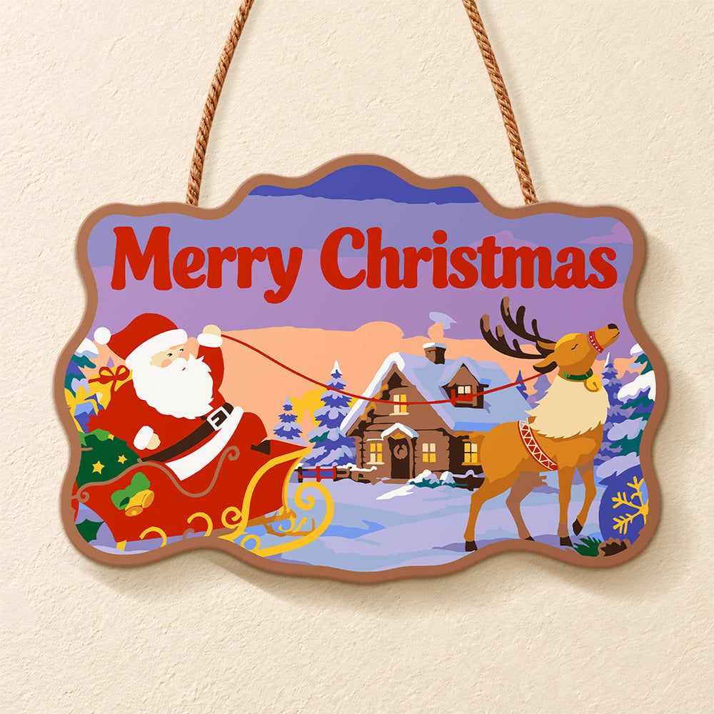 Santa sleigh and reindeer scene paint by numbers door hanger finished design