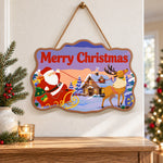 Santa sleigh and reindeer scene paint by numbers door hanger as indoor wall decor