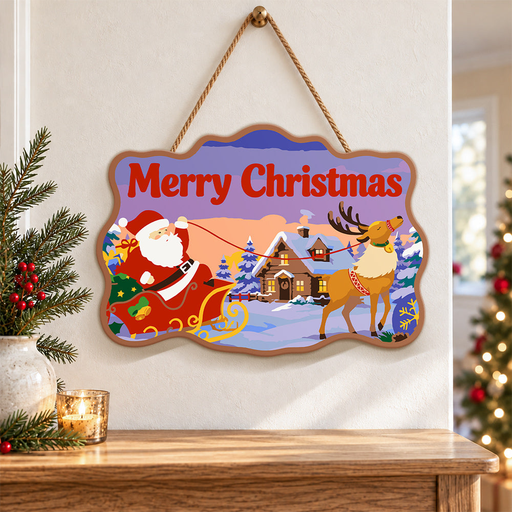Santa sleigh and reindeer scene paint by numbers door hanger as indoor wall decor