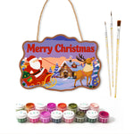 Santa sleigh and reindeer scene paint by numbers door hanger with paints and brushes