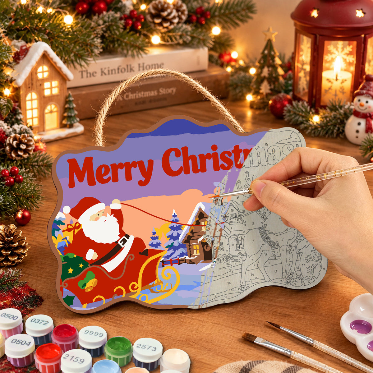 Santa sleigh and reindeer scene paint by numbers door hanger painting process