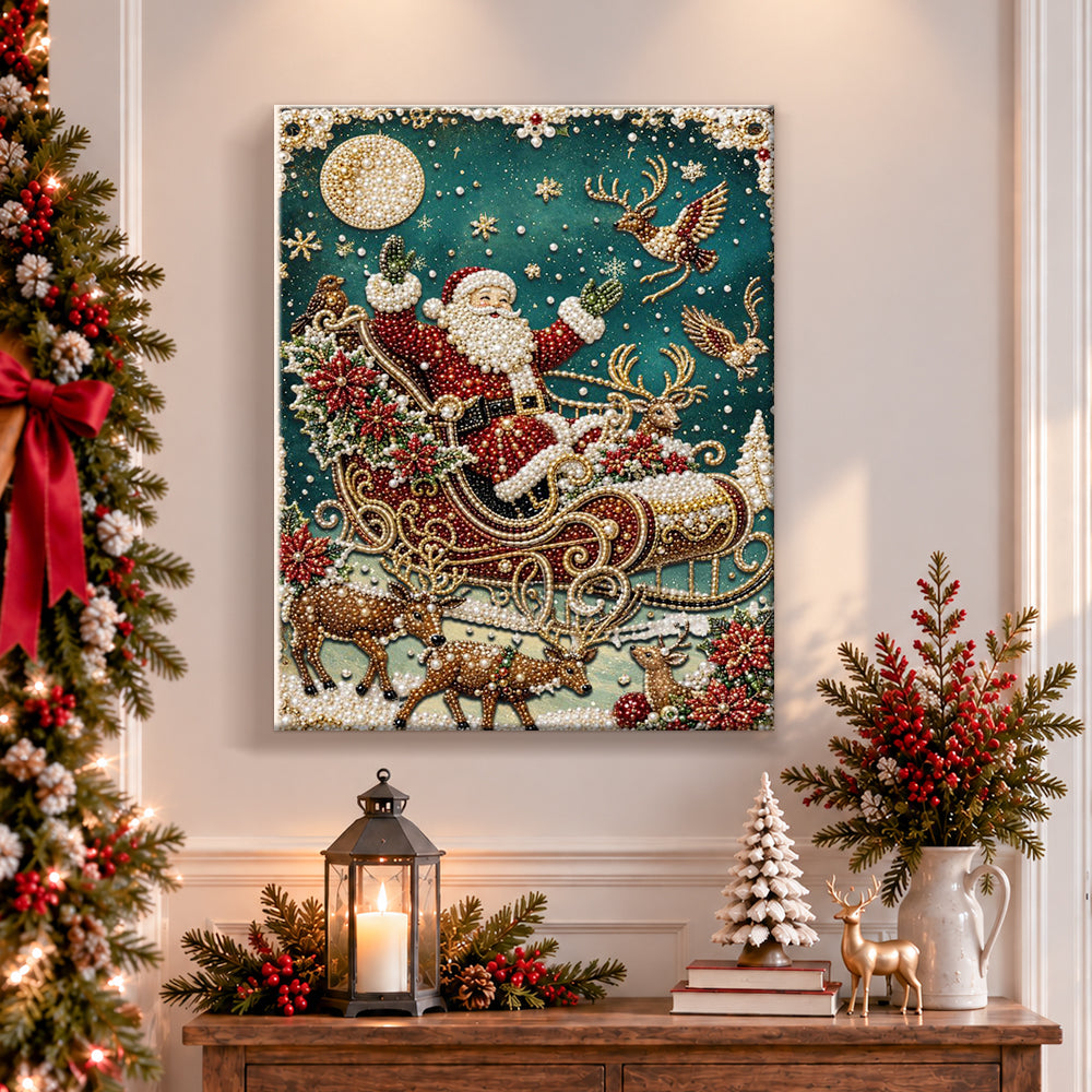 Finished santa sleigh moonlit flight pearl diamond painting artwork displayed as holiday home decor