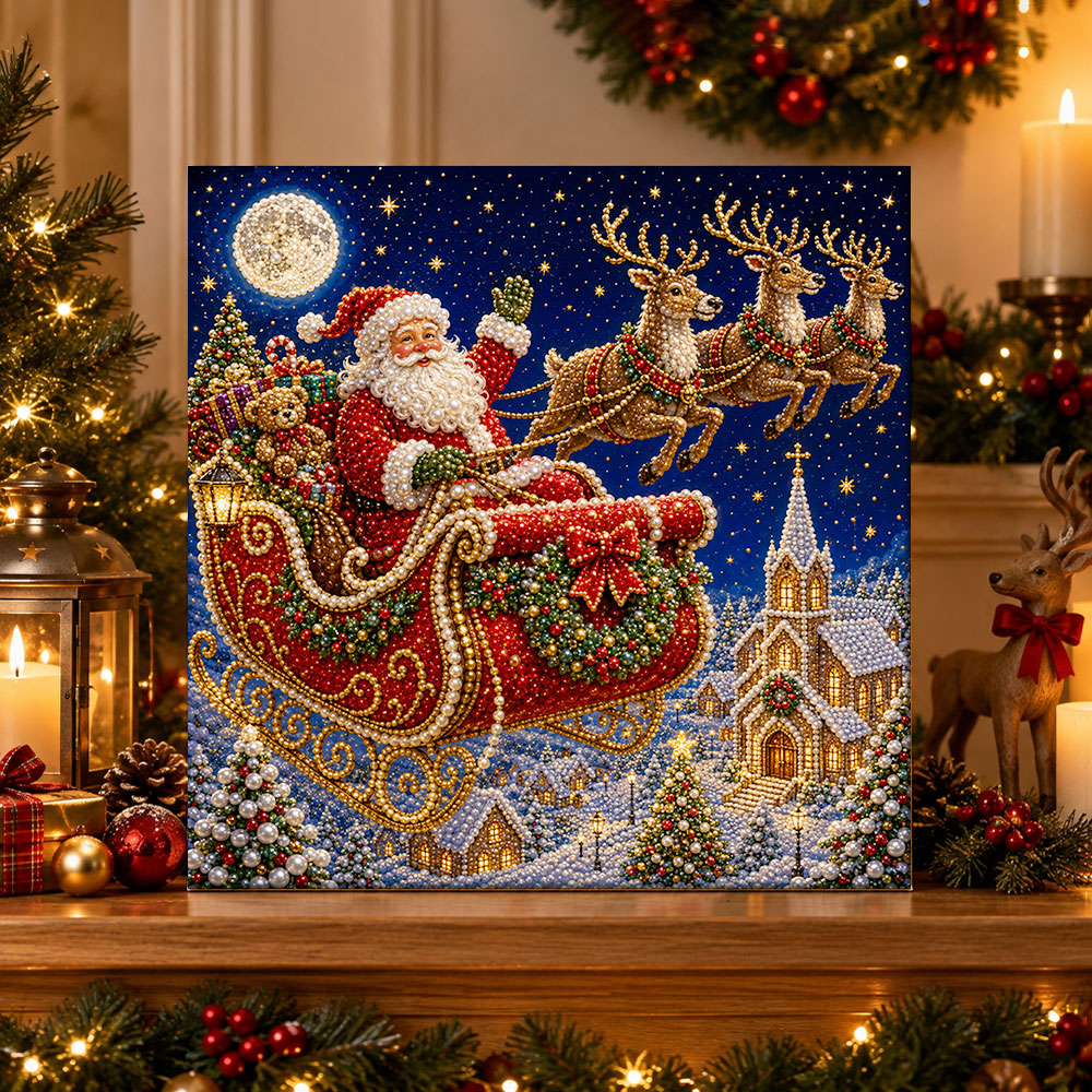 Finished santa sleigh under full moon pearl diamond painting artwork displayed as holiday home decor