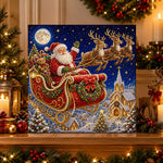 Finished santa sleigh under full moon pearl diamond painting artwork displayed as holiday home decor