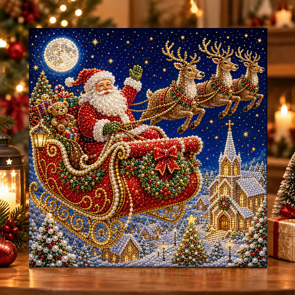 Santa sleigh under full moon pearl diamond painting kit for beginners