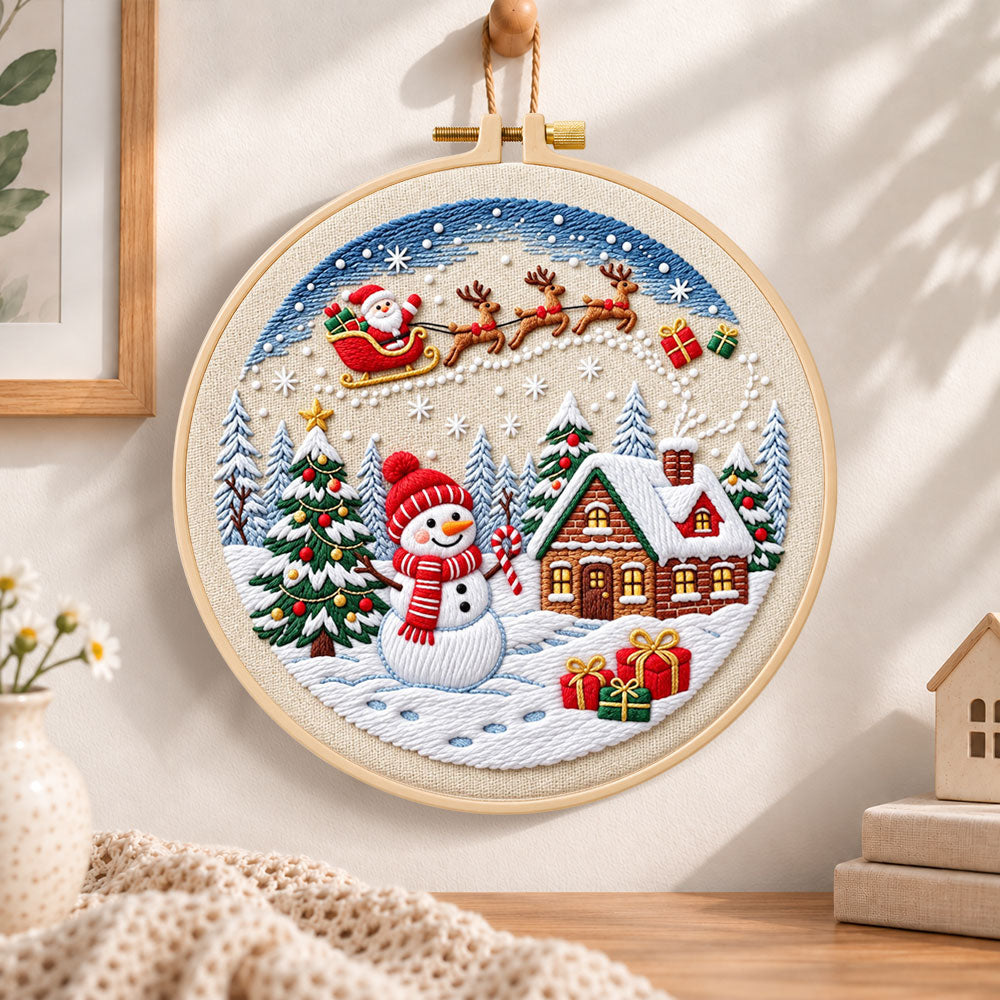 Santa sleigh winter village embroidery hoop wall art displayed as warm and cozy handmade home decor