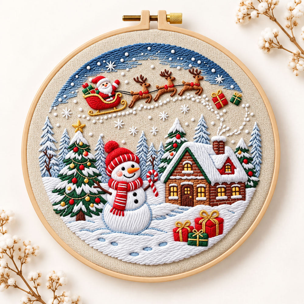 Santa sleigh winter village embroidery kit
