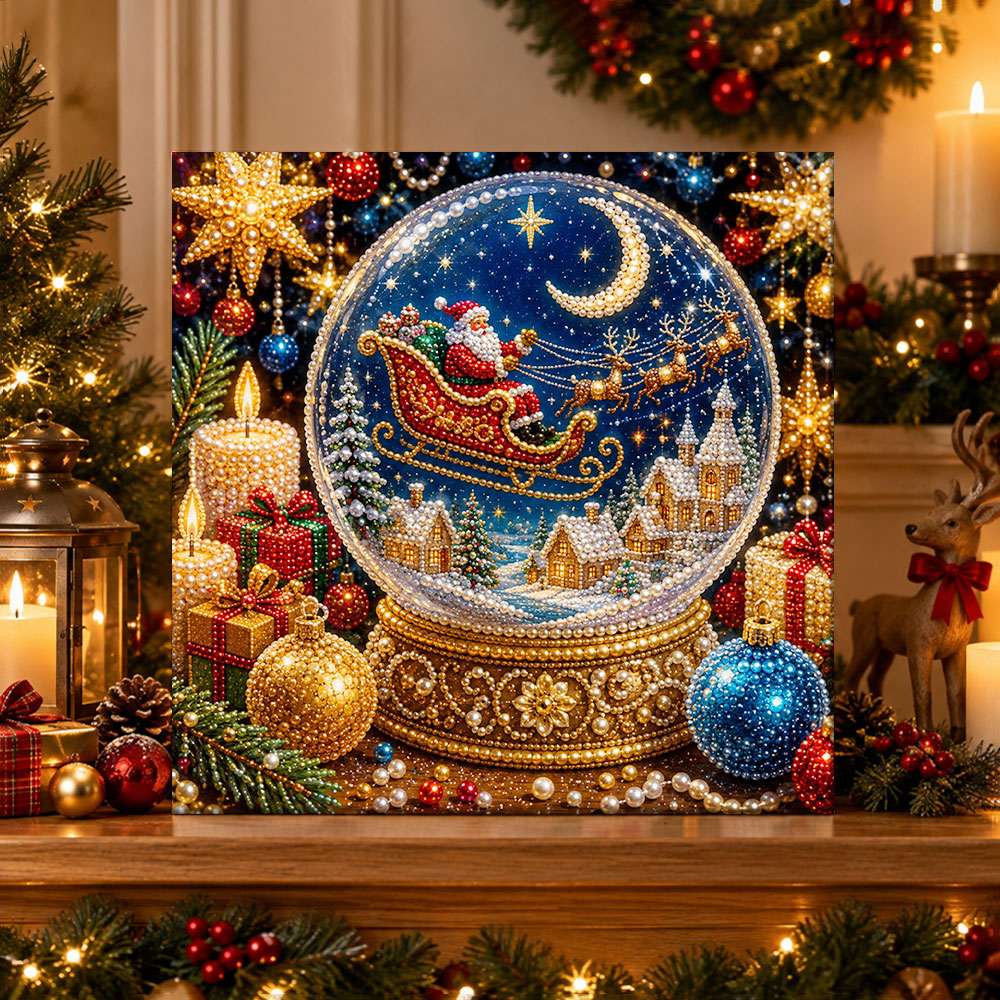 Finished santa snow globe scene pearl diamond painting artwork displayed as holiday home decor