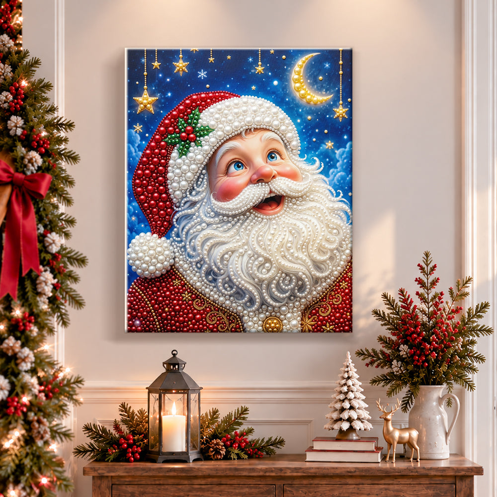 Finished santa under starry moon sky pearl diamond painting artwork displayed as holiday home decor