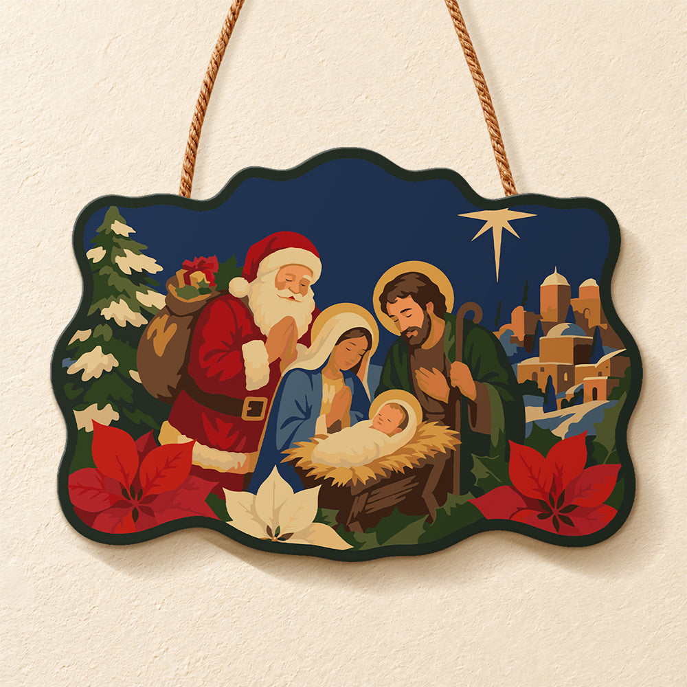 Santa visits nativity paint by numbers door hanger finished design