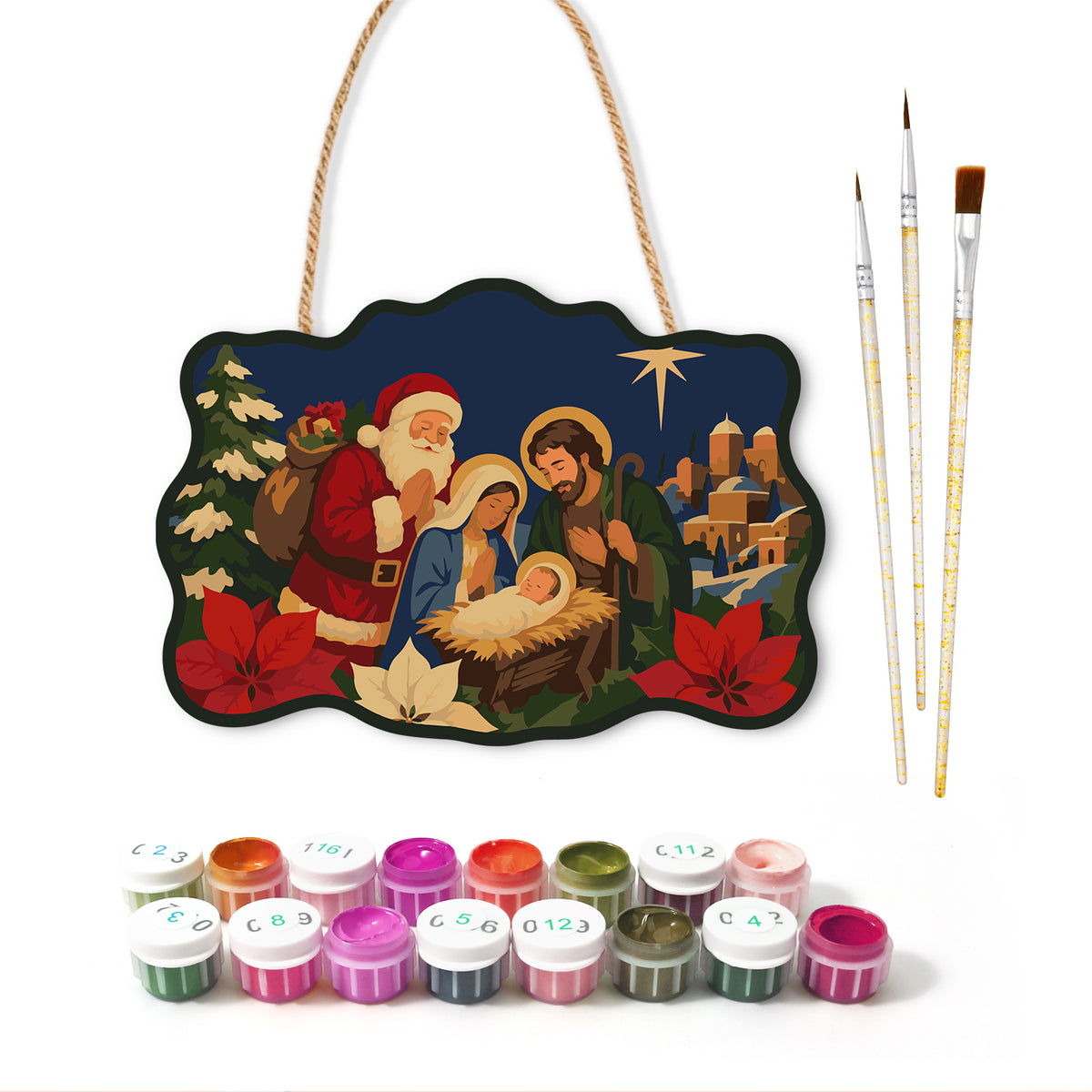 Santa visits nativity paint by numbers door hanger with paints and brushes