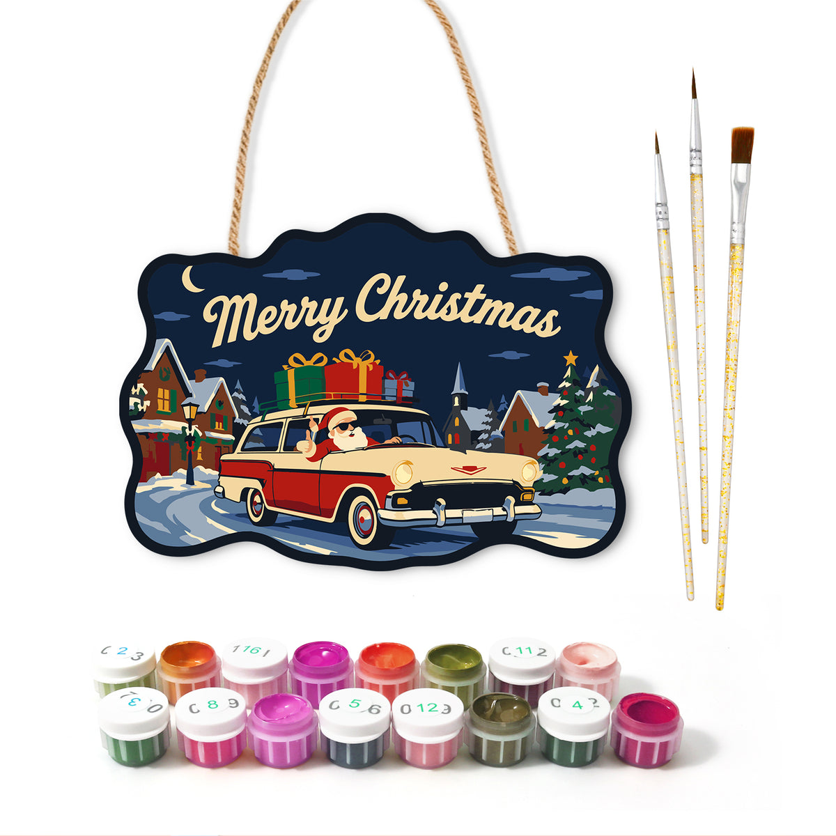 Santa wagon with gifts paint by numbers door hanger with paints and brushes