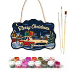 Santa wagon with gifts paint by numbers door hanger with paints and brushes