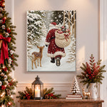 Finished santa walking through snowy woods pearl diamond painting artwork displayed as holiday home decor