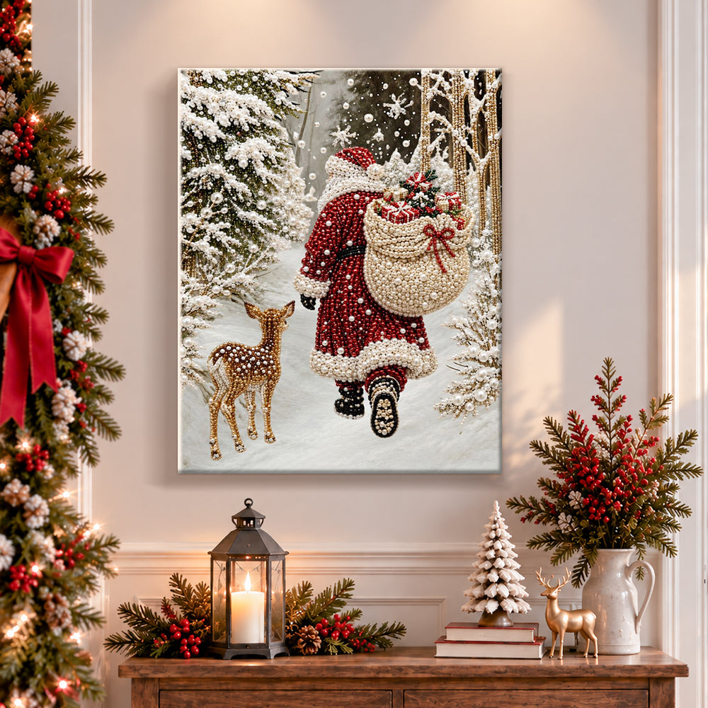 Finished santa walking through snowy woods pearl diamond painting artwork displayed as holiday home decor