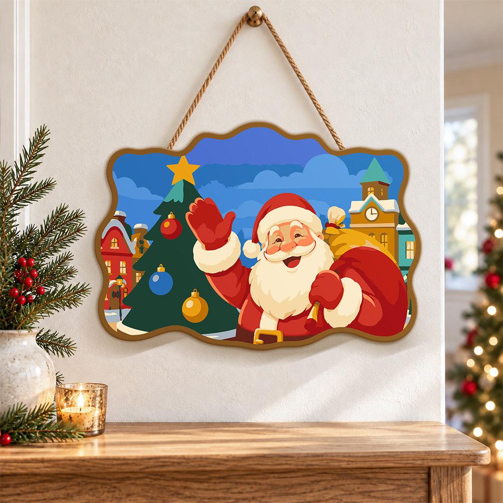 Santa waving by christmas tree paint by numbers door hanger as indoor wall decor