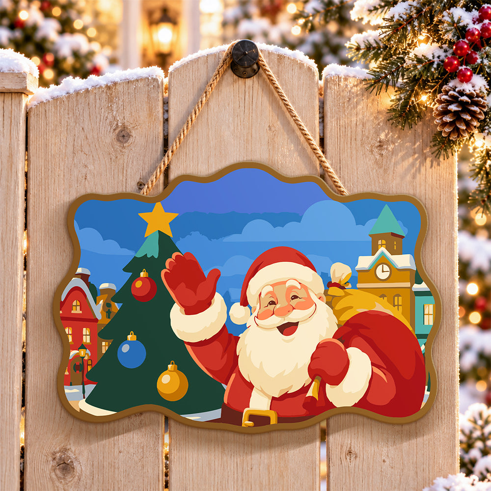 Santa waving by christmas tree paint by numbers door hanger on a garden gate