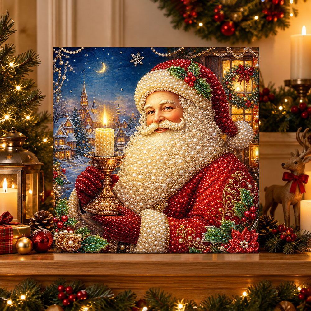 Finished santa with burning candle pearl diamond painting artwork displayed as holiday home decor