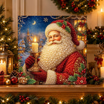 Finished santa with burning candle pearl diamond painting artwork displayed as holiday home decor