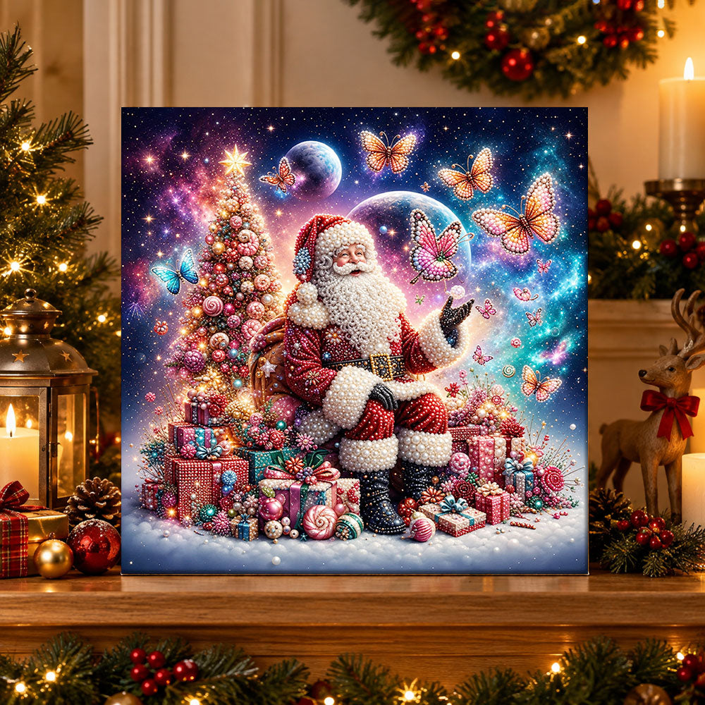 Finished santa with butterflies and gifts pearl diamond painting artwork displayed as holiday home decor