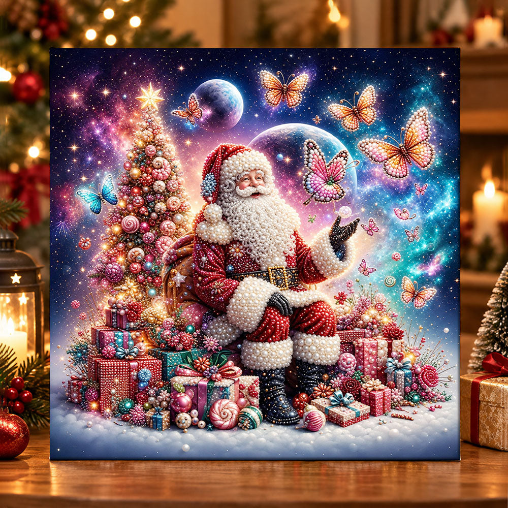 Santa with butterflies and gifts pearl diamond painting kit for beginners