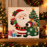 Finished santa with christmas gifts and tree pearl diamond painting artwork displayed as holiday home decor