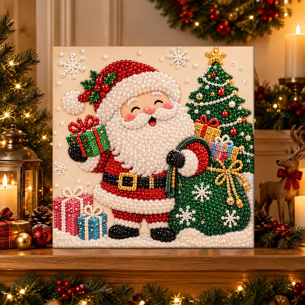 Finished santa with christmas gifts and tree pearl diamond painting artwork displayed as holiday home decor