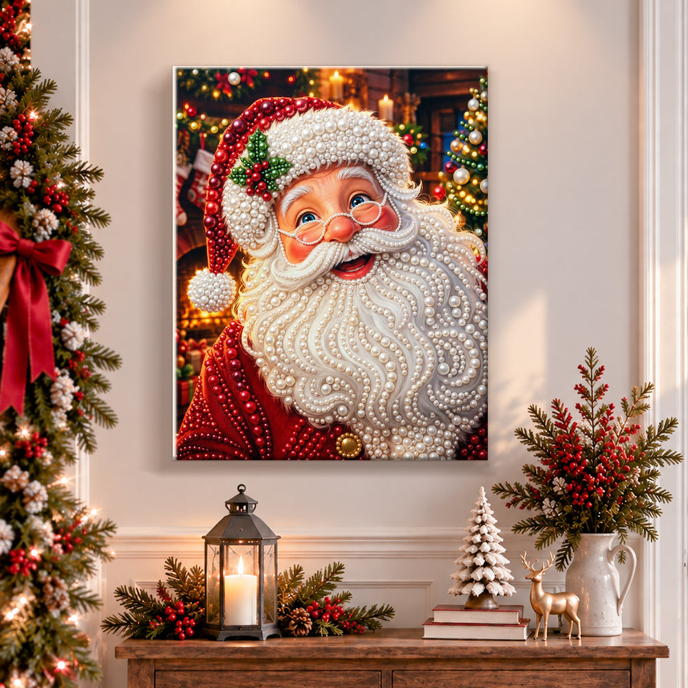Finished santa with festive glasses pearl diamond painting artwork displayed as holiday home decor