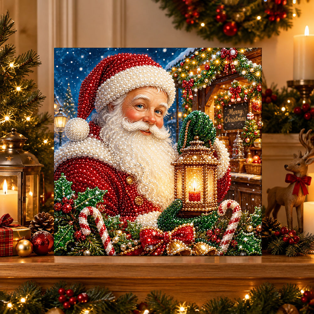 Finished santa with festive lantern pearl diamond painting artwork displayed as holiday home decor