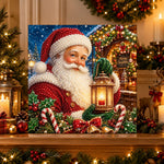 Finished santa with festive lantern pearl diamond painting artwork displayed as holiday home decor