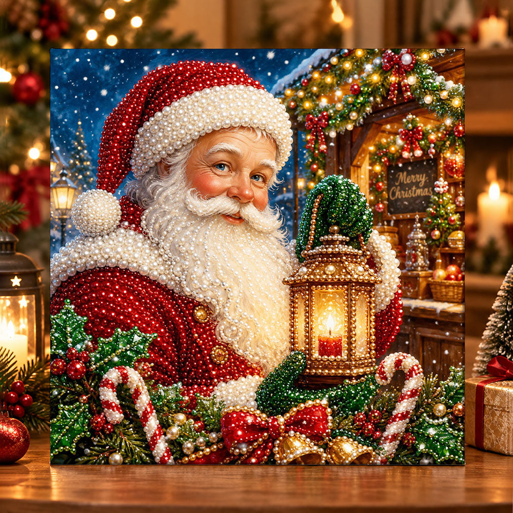 Santa with festive lantern pearl diamond painting kit for beginners