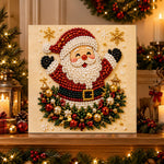 Finished santa with holiday greenery ornaments pearl diamond painting artwork displayed as holiday home decor