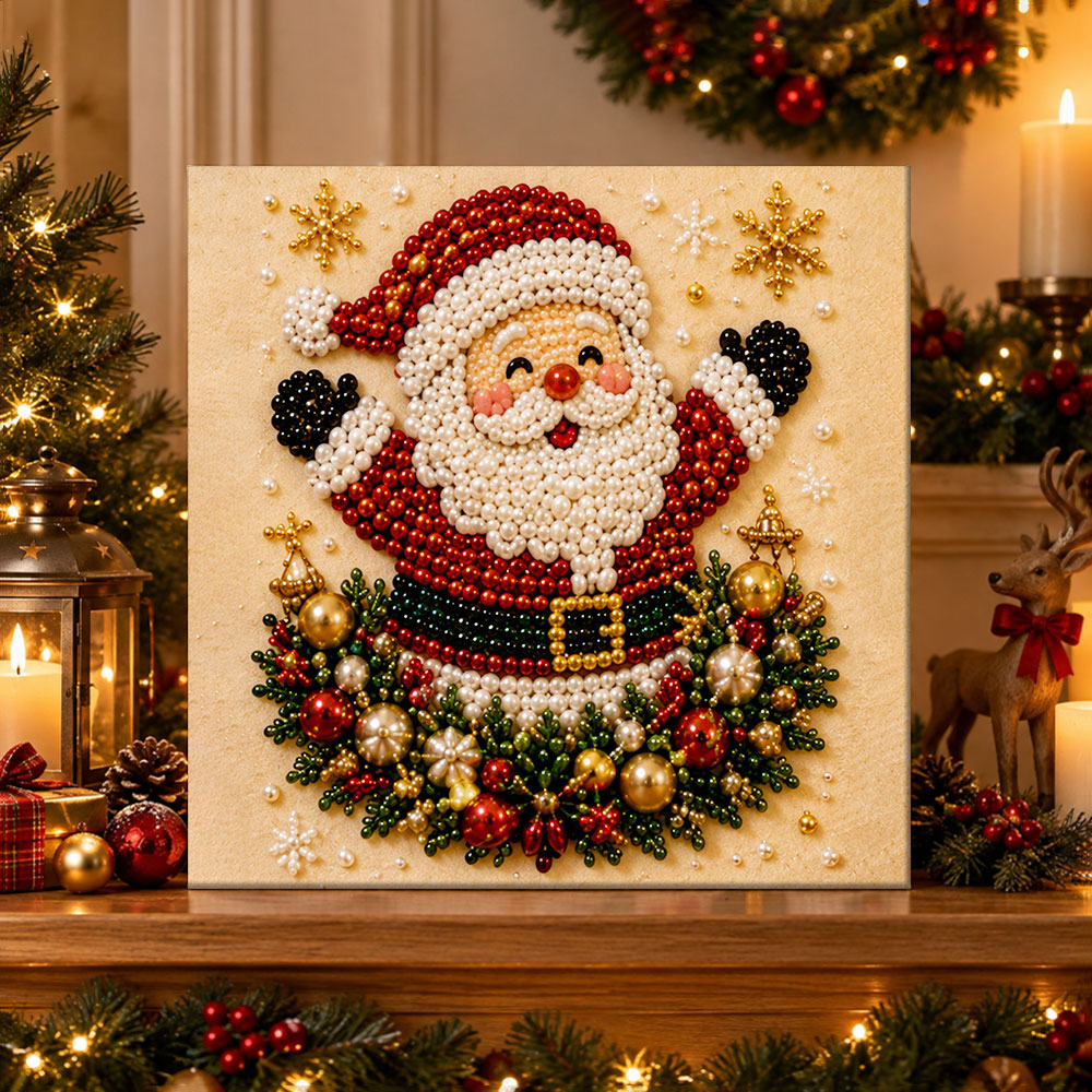 Finished santa with holiday greenery ornaments pearl diamond painting artwork displayed as holiday home decor