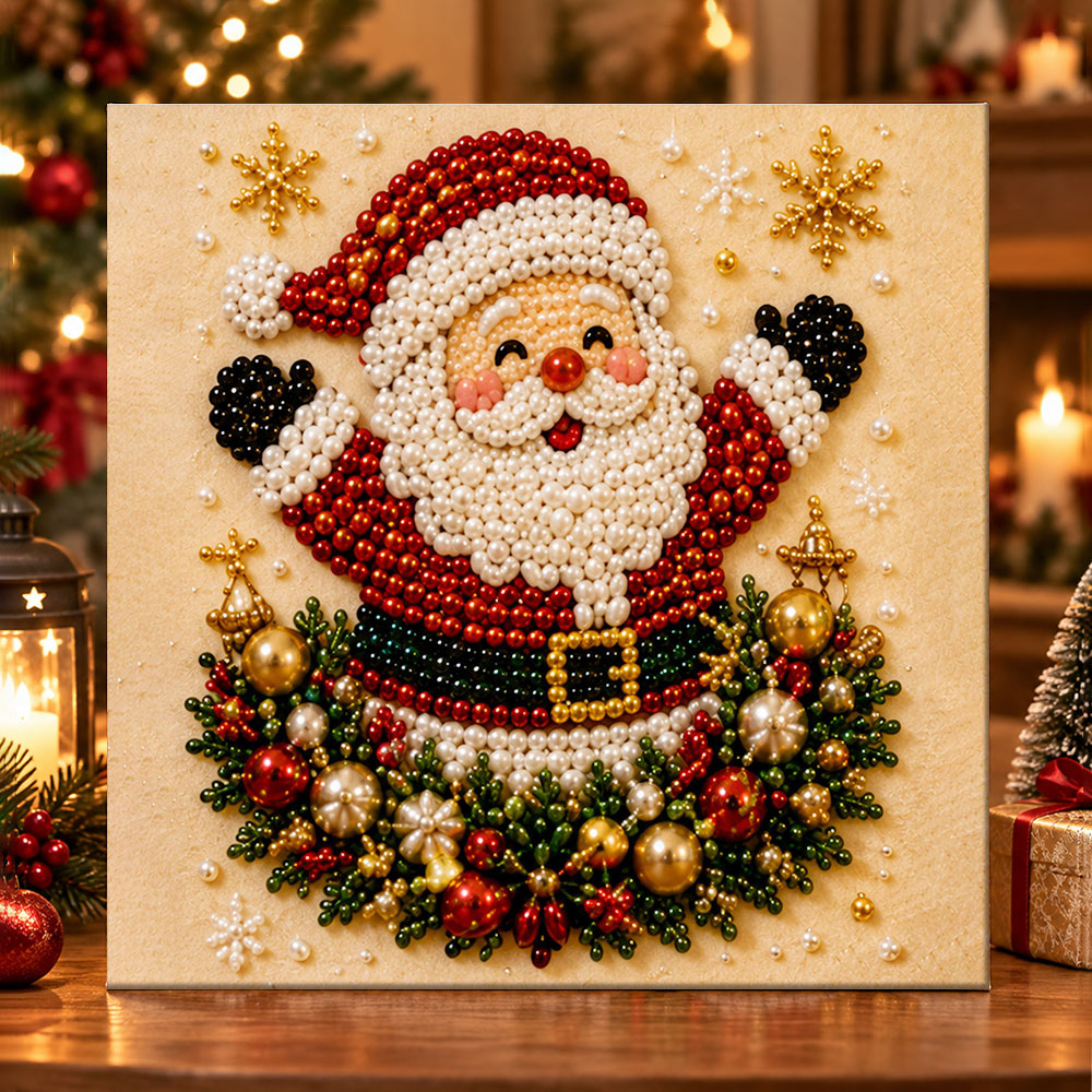 Santa with holiday greenery ornaments pearl diamond painting kit for beginners