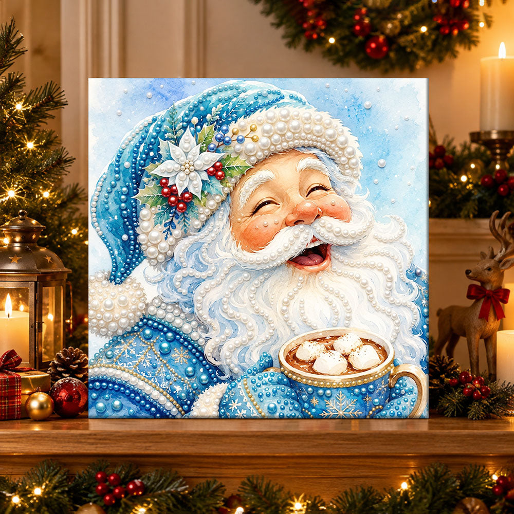Finished santa with hot chocolate pearl diamond painting artwork displayed as holiday home decor