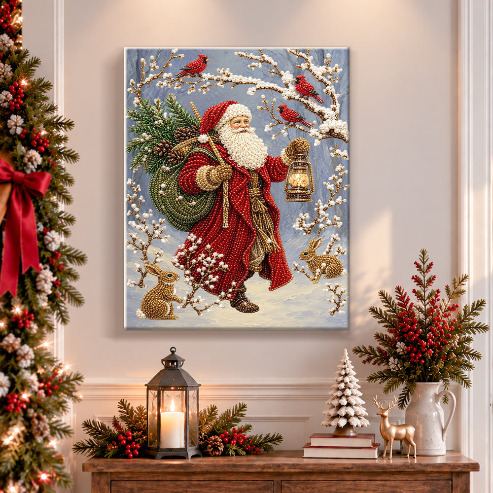 Finished santa with lantern in snow pearl diamond painting artwork displayed as holiday home decor