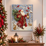 Finished santa with lantern in snow pearl diamond painting artwork displayed as holiday home decor