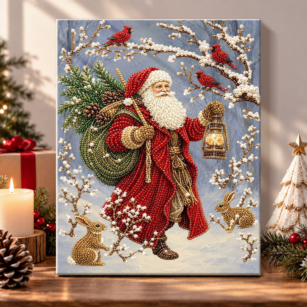 Santa with lantern in snow pearl diamond painting kit for beginners