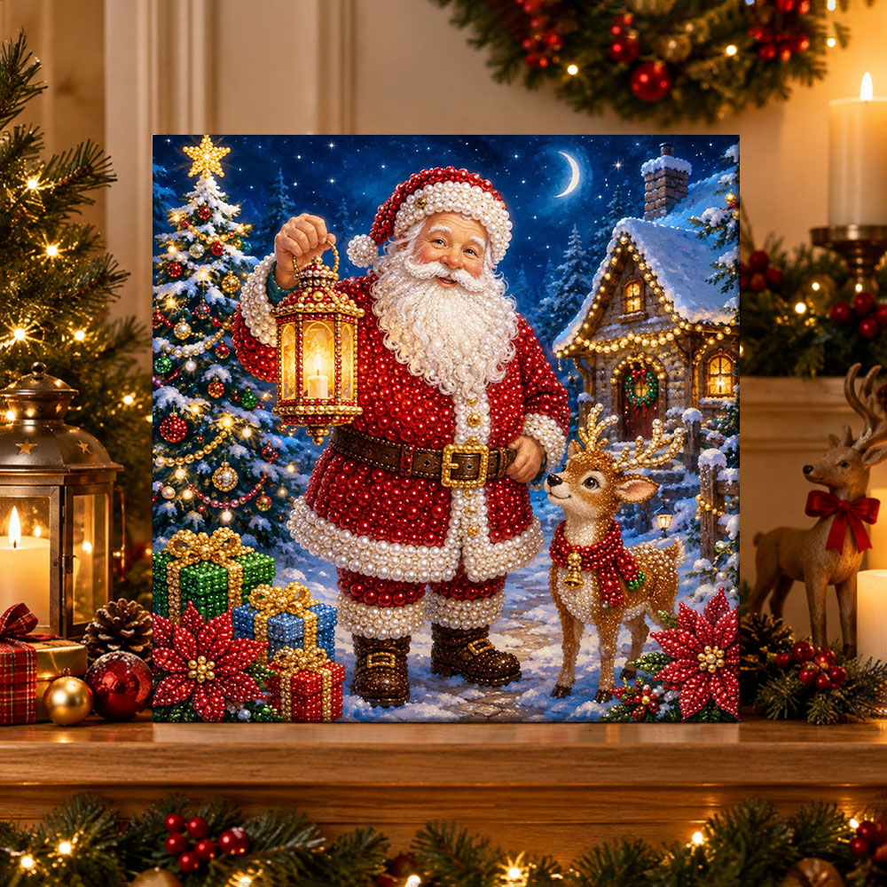 Finished santa with little reindeer pearl diamond painting artwork displayed as holiday home decor