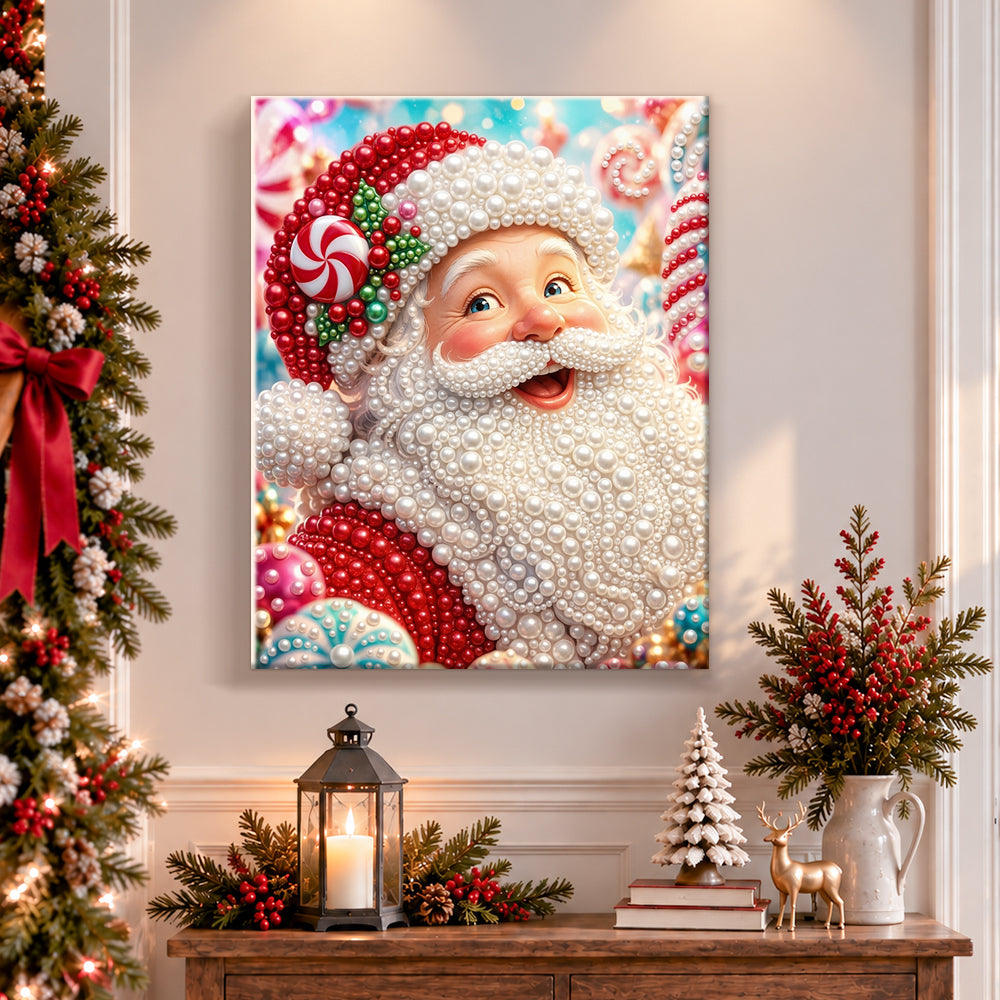 Finished santa with peppermint candy pearl diamond painting artwork displayed as holiday home decor