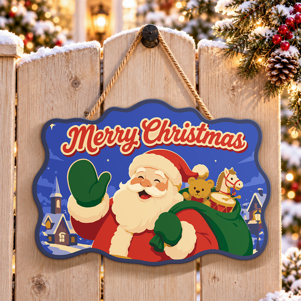 Santa with toy sack paint by numbers door hanger on a garden gate