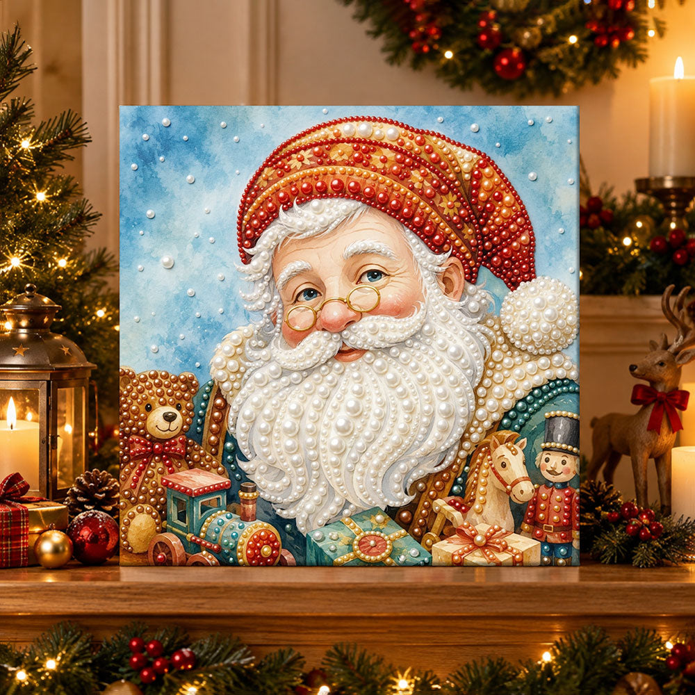 Finished santa with vintage christmas toys pearl diamond painting artwork displayed as holiday home decor