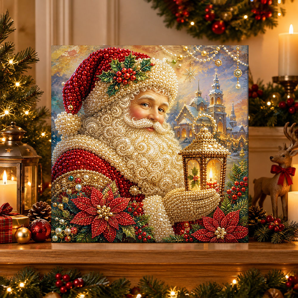 Finished santa with vintage lantern pearl diamond painting artwork displayed as holiday home decor