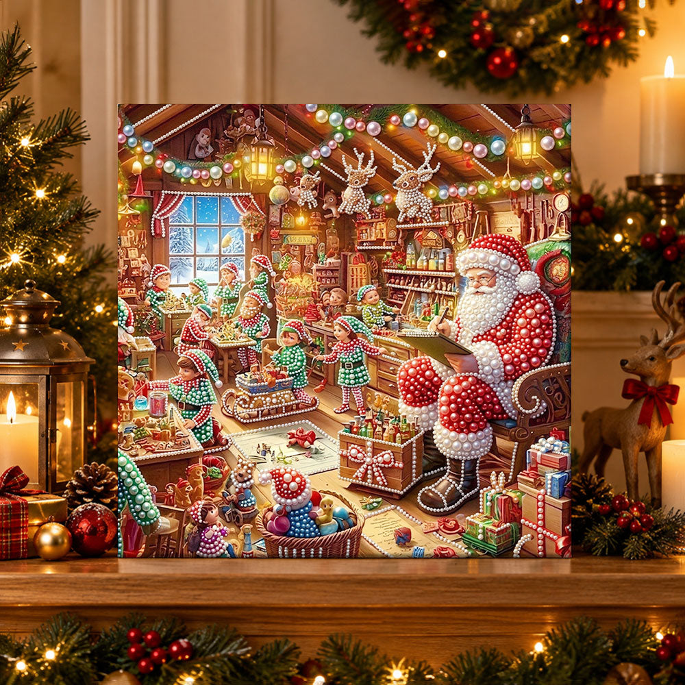 Finished santa's busy workshop pearl diamond painting artwork displayed as holiday home decor