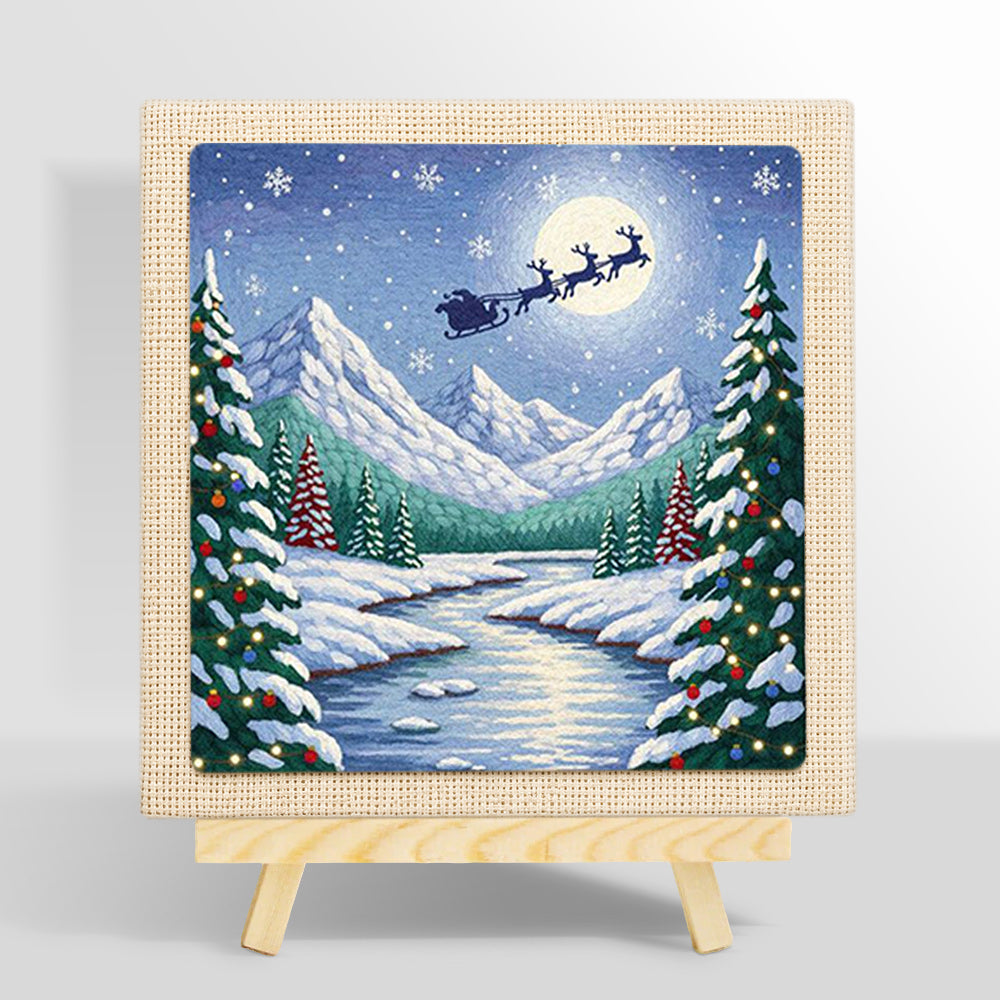 Santa’s sleigh over snow peaks punch needle kit for beginners